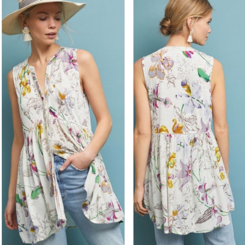 Anthropologie Nia White Floral Button-Down Tunic High-Low Hem Boho Blouse Small
